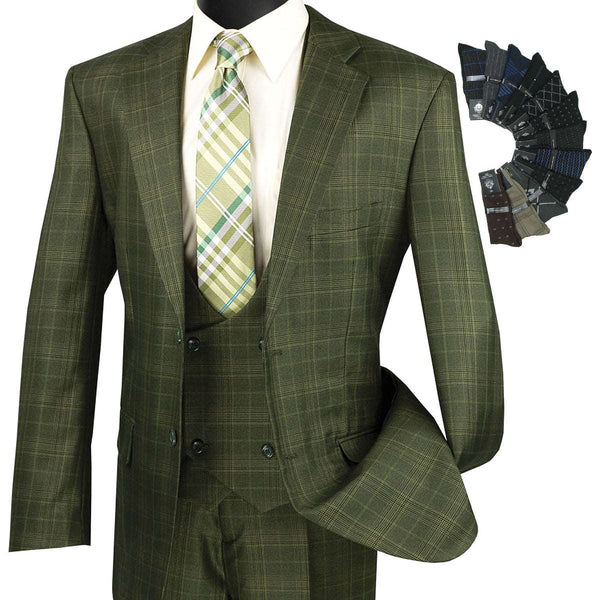 Luxurious Men's 3-Pieces Glen Plaid Suit Olive Triple Blessings