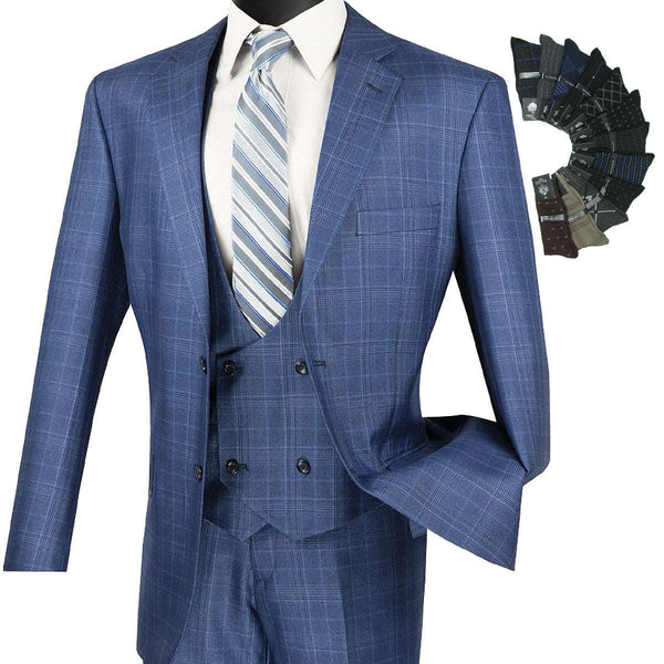 Luxurious Men's 3-Pieces Glen Plaid Suit Oxford Blue Triple Blessings