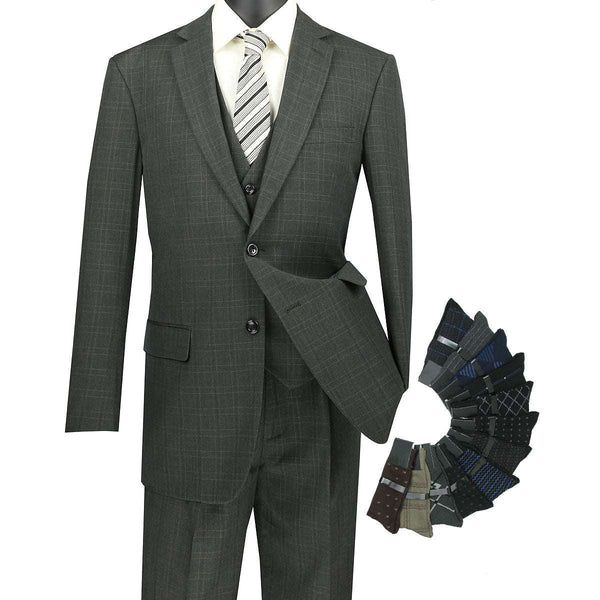 Luxurious Men's 3-Pieces Regular-Fit Windowpane Suit Olive Triple Blessings