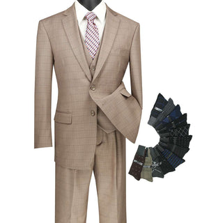 Luxurious Men's 3-Pieces Regular-Fit Windowpane Suit Tan Triple Blessings