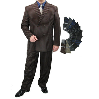 Luxurious Men's Double-Breasted Gangster Stripe Suit Brown Triple Blessings
