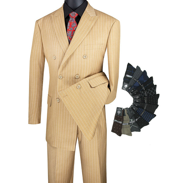 Luxurious Men's Double-Breasted Gangster Stripe Suit Camel Triple Blessings
