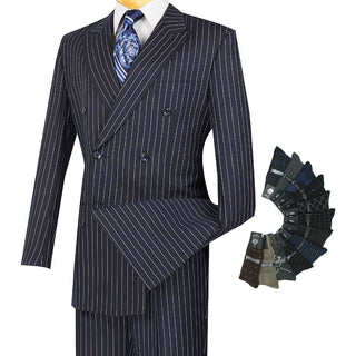 Luxurious Men's Double-Breasted Gangster Stripe Suit Navy Triple Blessings