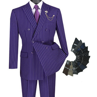 Luxurious Men's Double-Breasted Gangster Stripe Suit Purple Triple Blessings