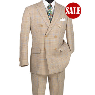Luxurious Men's Double-Breasted Glen Plaid Suit Beige Triple Blessings