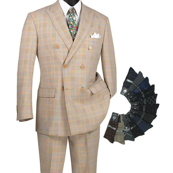 Luxurious Men's Double-Breasted Glen Plaid Suit Beige Triple Blessings