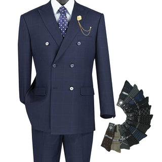 Luxurious Men's Double-Breasted Glen Plaid Suit Navy Triple Blessings