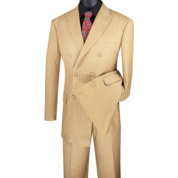 Luxurious Men's Gangster Stripe Suit Camel Triple Blessings