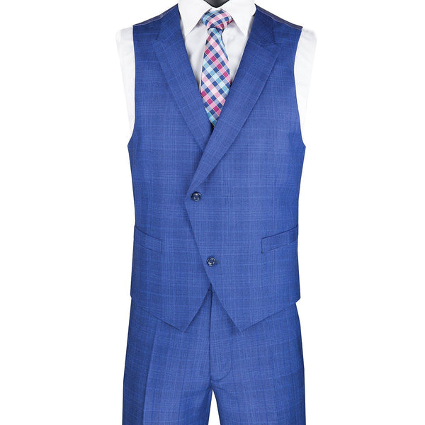 Luxurious Men's Modern-Fit 3-Piece Glen Plaid Suit Blue Triple Blessings