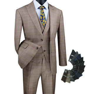 Luxurious Men's Modern-Fit 3-Piece Glen Plaid Suit Tan Triple Blessings