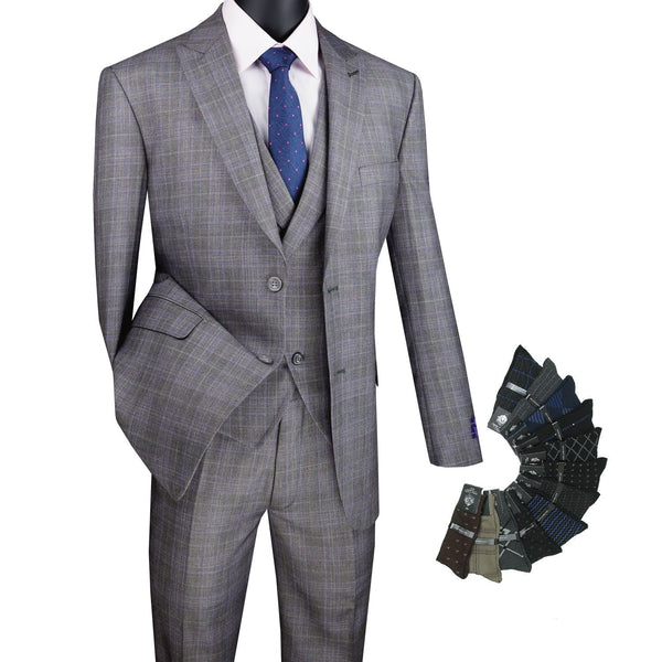 Luxurious Men's Modern-Fit 3-Piece Glen Plaid Suit Triple Blessings