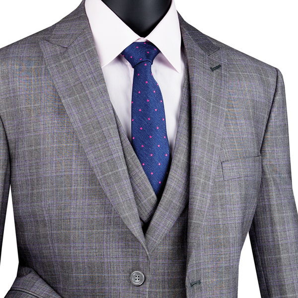 Luxurious Men's Modern-Fit 3-Piece Glen Plaid Suit Triple Blessings