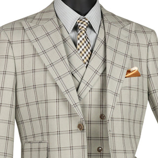 Luxurious Men's Modern-Fit 3-Piece Windowpane Suit Putty Triple Blessings