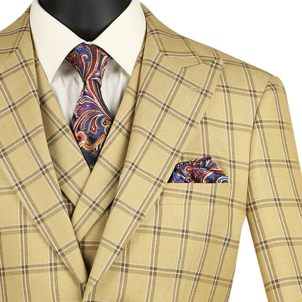 Luxurious Men's Modern-Fit 3-Piece Windowpane Suit Tan Triple Blessings