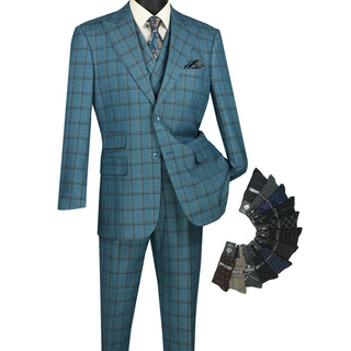 Luxurious Men's Modern-Fit 3-Piece Windowpane Suit Teal Blue Triple Blessings