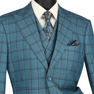 Luxurious Men's Modern-Fit 3-Piece Windowpane Suit Teal Blue Triple Blessings