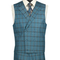 Luxurious Men's Modern-Fit 3-Piece Windowpane Suit Teal Blue Triple Blessings