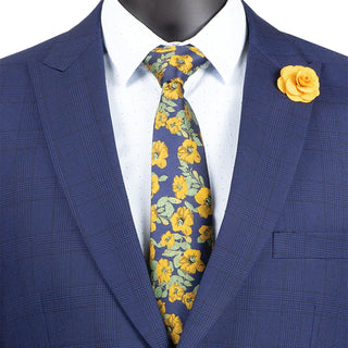 Luxurious Men's Modern-Fit Windowpane Suit Blue Triple Blessings