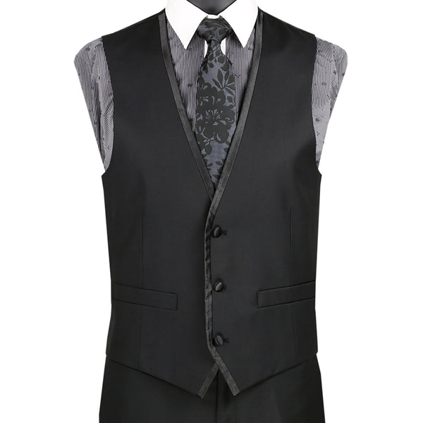 Luxurious Men's Slim-Fit 3-Piece Trim Lapel Textured Solid Suit Black Triple Blessings