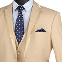 Luxurious Men's Slim-Fit 3-Piece Trimmed Lapel Textured Solid Suit Beige Triple Blessings