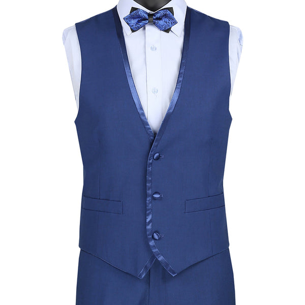 Luxurious Men's Slim-Fit 3-Piece Trimmed Lapel Textured Solid Suit Blue Triple Blessings