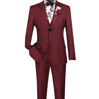 Luxurious Men's Slim-Fit 3-Piece Trimmed Lapel Textured Solid Suit Burgundy Triple Blessings
