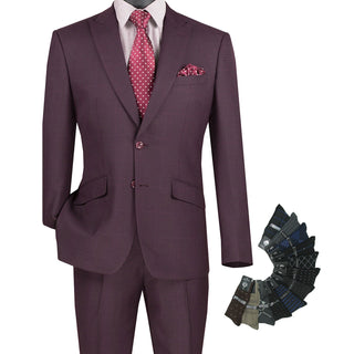 Luxurious Men's Slim-Fit Stretch Armhole Glen Plaid Suit Burgundy Triple Blessings