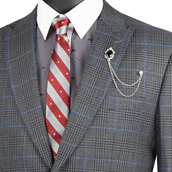 Luxurious Men's Slim-Fit Stretch Armhole Glen Plaid Suit Charcoal Gray Triple Blessings