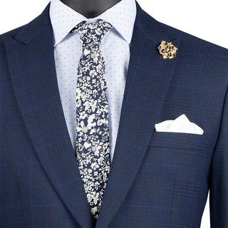 Luxurious Men's Slim-Fit Stretch Armhole Glen Plaid Suit Navy Triple Blessings