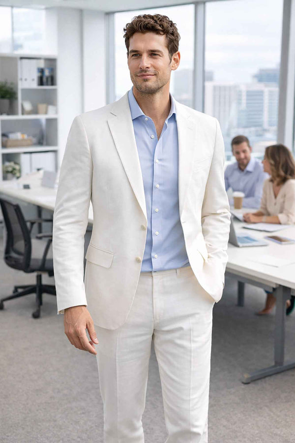 Men’s Modern Fit Linen-Cotton Suit | Breathable Stretch Comfort | FREE SOCKS-WHITE