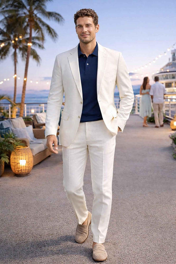 Men’s Modern Fit Linen-Cotton Suit | Breathable Stretch Comfort | FREE SOCKS-WHITE