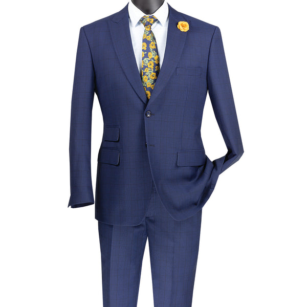 Luxurious Men's Modern-Fit Windowpane Suit Blue