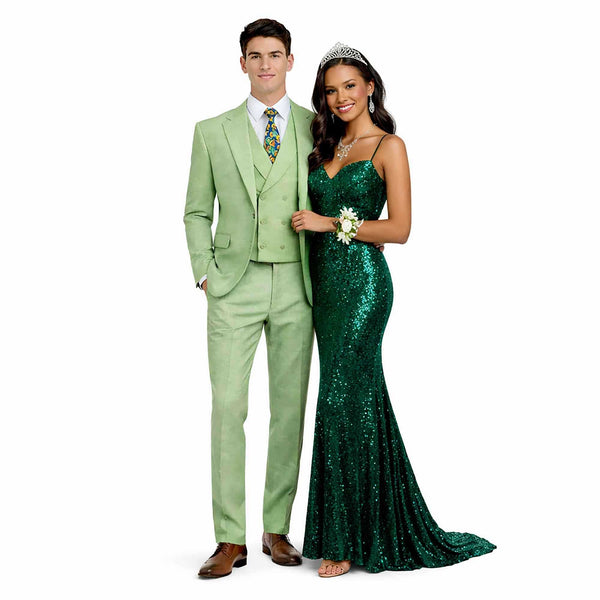 Men's 3-PC Fashion Suit, Modern Fit, Fancy Vest, Prom Wedding, Stretch Fabric, LIGHT GREEN