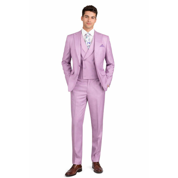 Man wearing a light purple suit with a white shirt and patterned tie on a white background