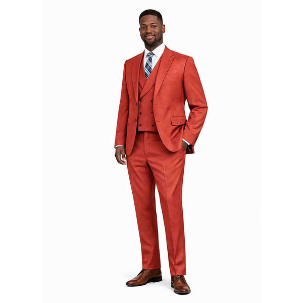 Men's 3-PC Fashion Suit, Modern Fit, Fancy Vest, Prom Wedding, Stretch Fabric, BRICK RED
