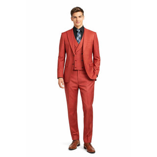 Men's 3-PC Fashion Suit, Modern Fit, Fancy Vest, Prom Wedding, Stretch Fabric, BRICK RED