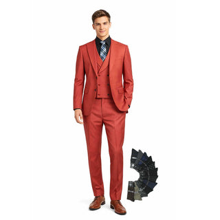 Men's 3-PC Fashion Suit, Modern Fit, Fancy Vest, Prom Wedding, Stretch Fabric, BRICK RED