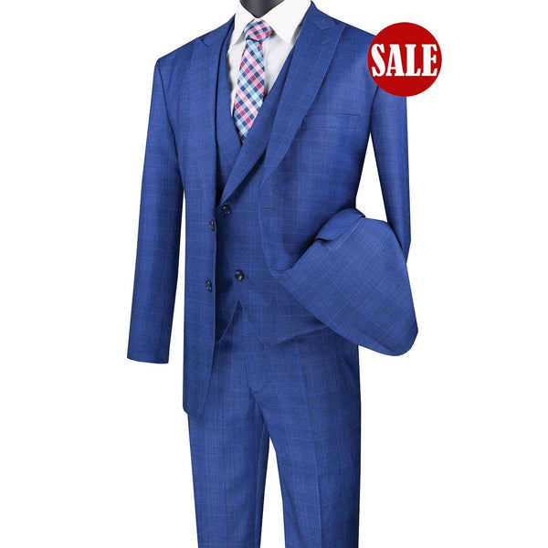 Luxurious Men's Modern-Fit 3-Piece Glen Plaid Suit-Blue