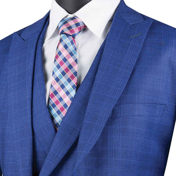 Luxurious Men's Modern-Fit 3-Piece Glen Plaid Suit-Blue