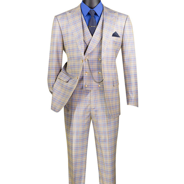 Luxurious Men's Modern-Fit, 3-Piece Windowpane Suit (Stretch Fabric)