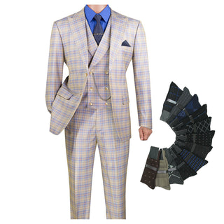 Luxurious Men's Modern-Fit, 3-Piece Windowpane Suit Blue (Stretch Fabric)
