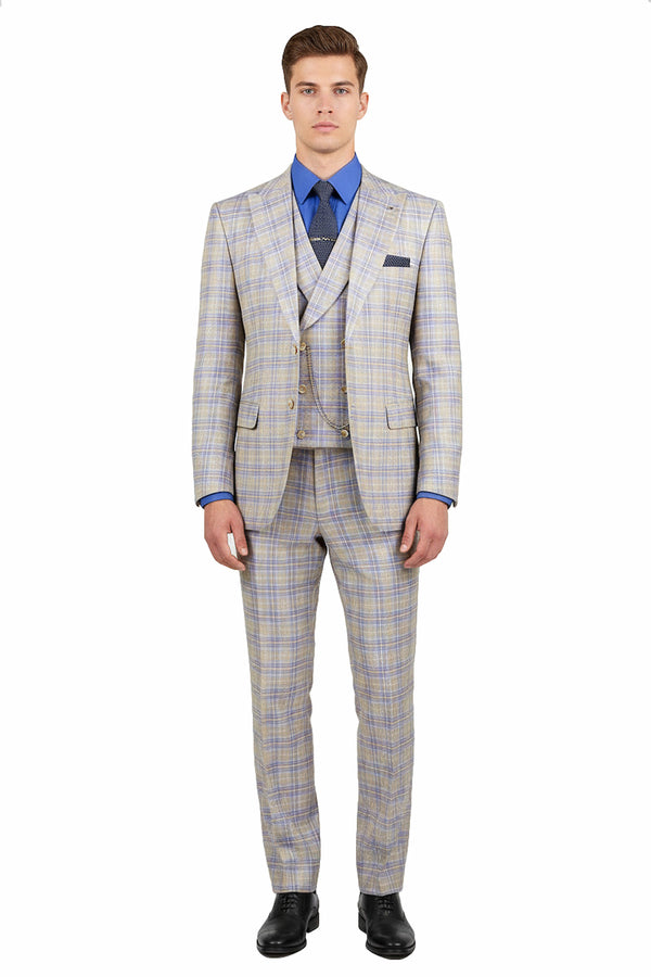 Luxurious Men's Modern-Fit, 3-Piece Windowpane Suit (Stretch Fabric)