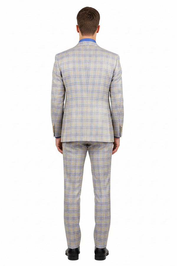 Luxurious Men's Modern-Fit, 3-Piece Windowpane Suit (Stretch Fabric)