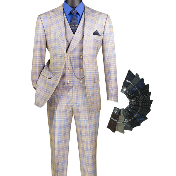 Luxurious Men's Modern-Fit, 3-Piece Windowpane Suit (Stretch Fabric)