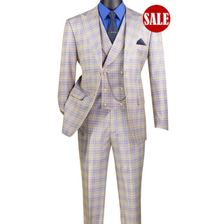 Luxurious Men's Modern-Fit, 3-Piece Windowpane Suit Blue (Stretch Fabric)