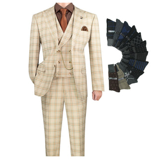 Luxurious Men's Modern-Fit, 3-Piece Windowpane Suit Khaki (Stretch Fabric)