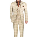 Luxurious Men's Modern-Fit, 3-Piece Windowpane Suit Khaki (Stretch Fabric)