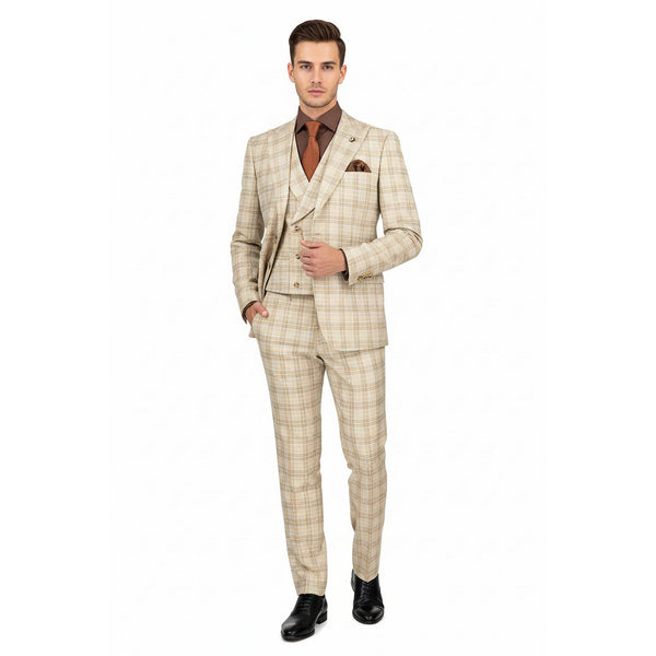 Luxurious Men's Modern-Fit, 3-Piece Windowpane Suit Khaki (Stretch Fabric)