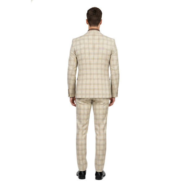 Luxurious Men's Modern-Fit, 3-Piece Windowpane Suit Khaki (Stretch Fabric)