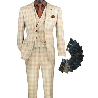 Luxurious Men's Modern-Fit, 3-Piece Windowpane Suit Khaki (Stretch Fabric)